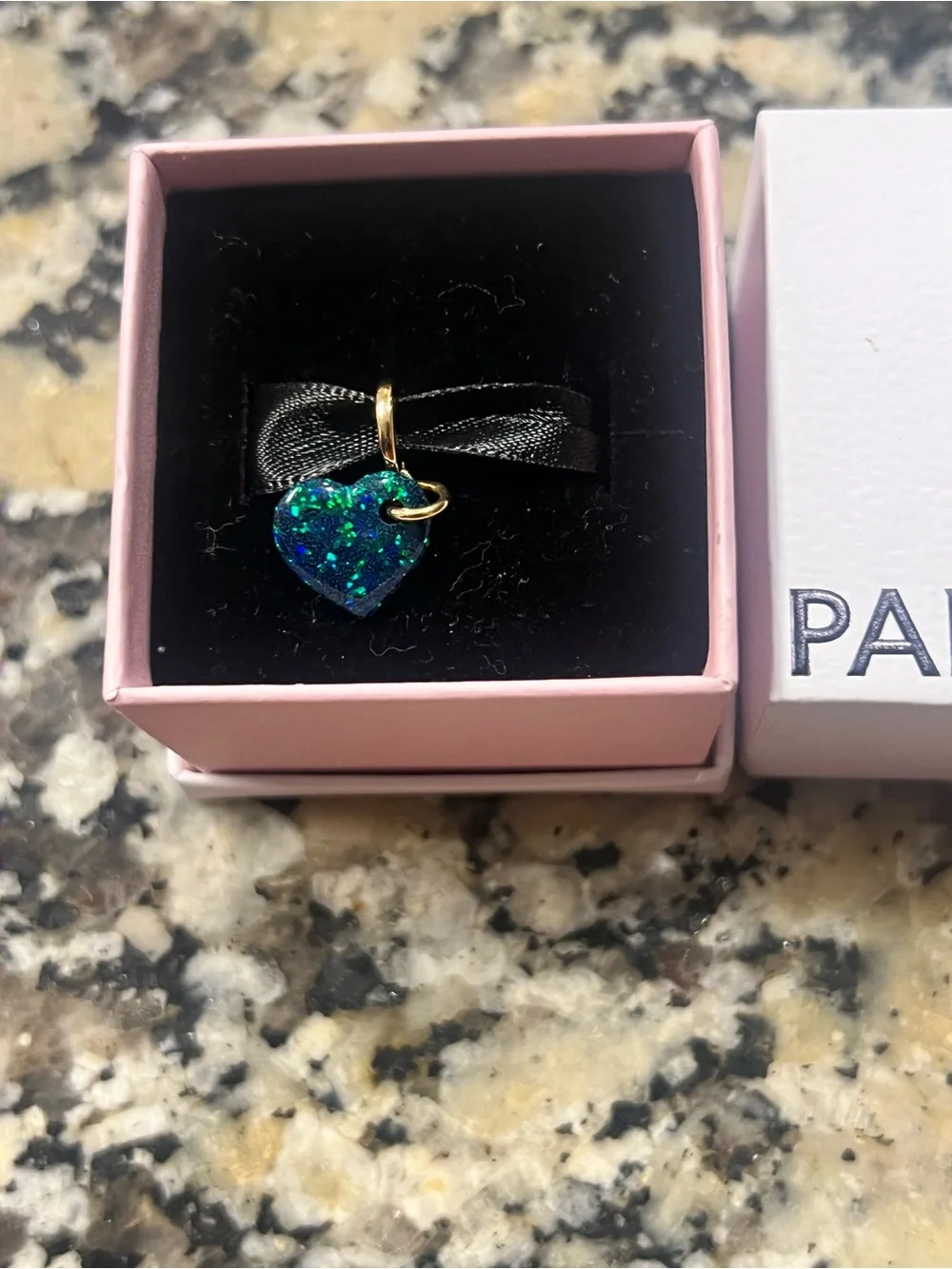 Pandora Gold-Tone Heart Charm with Iridescent Blue and Green Sparkle
